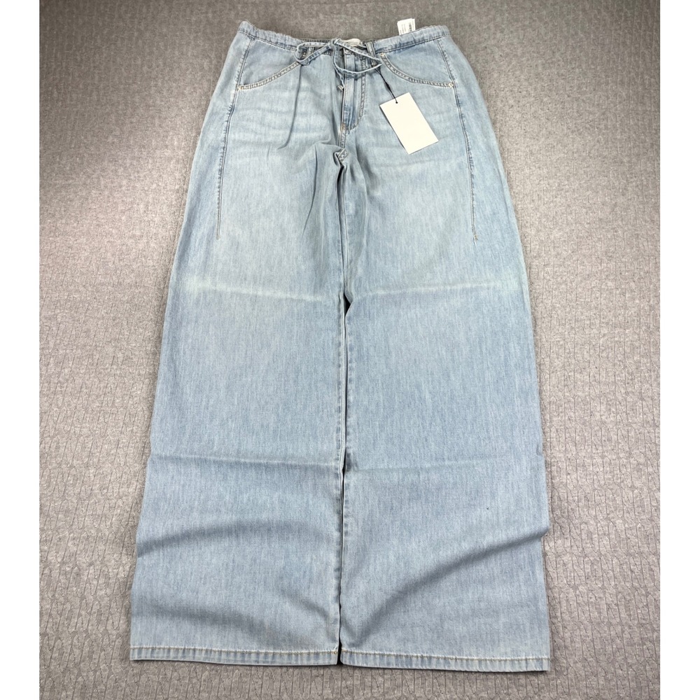 New Zara Baggy Wide Leg Chambray Pants Women 4 Blue Drawstring Elastic Waist